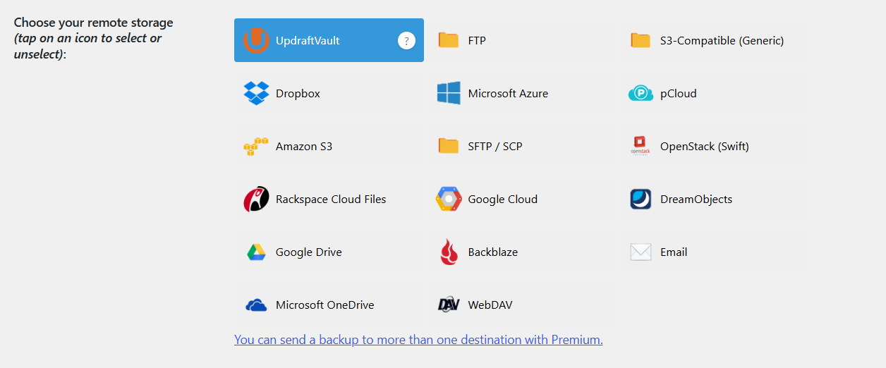 UpdraftPlus remote storage grid with UpdraftVault highlighted