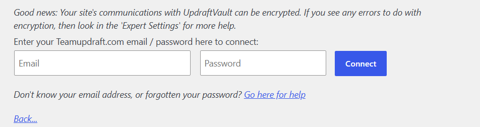 Email and password fields with a Connect button
